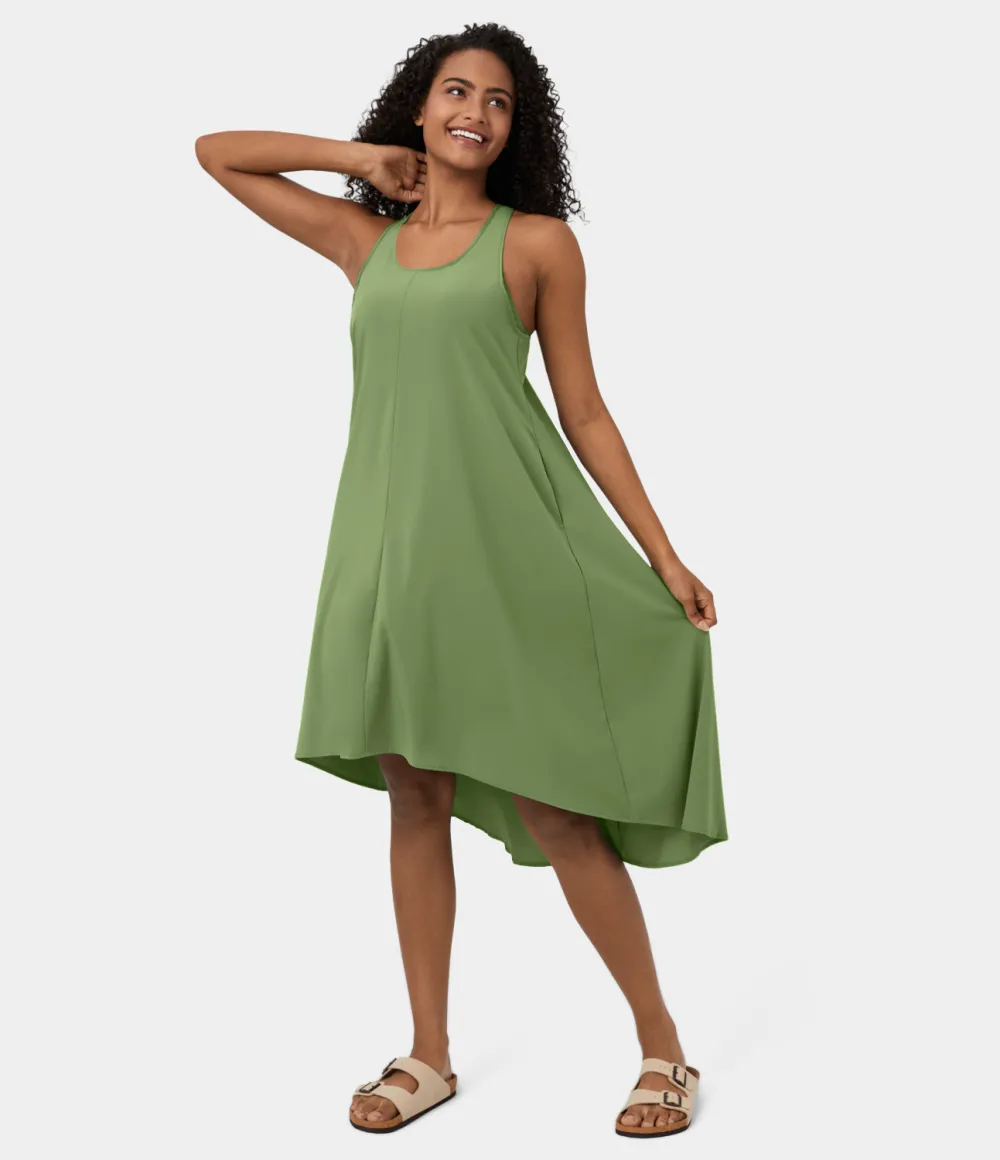 Breezeful Backless Racerback Side Pocket High Low Flowy Midi Quick Dry Casual Dress