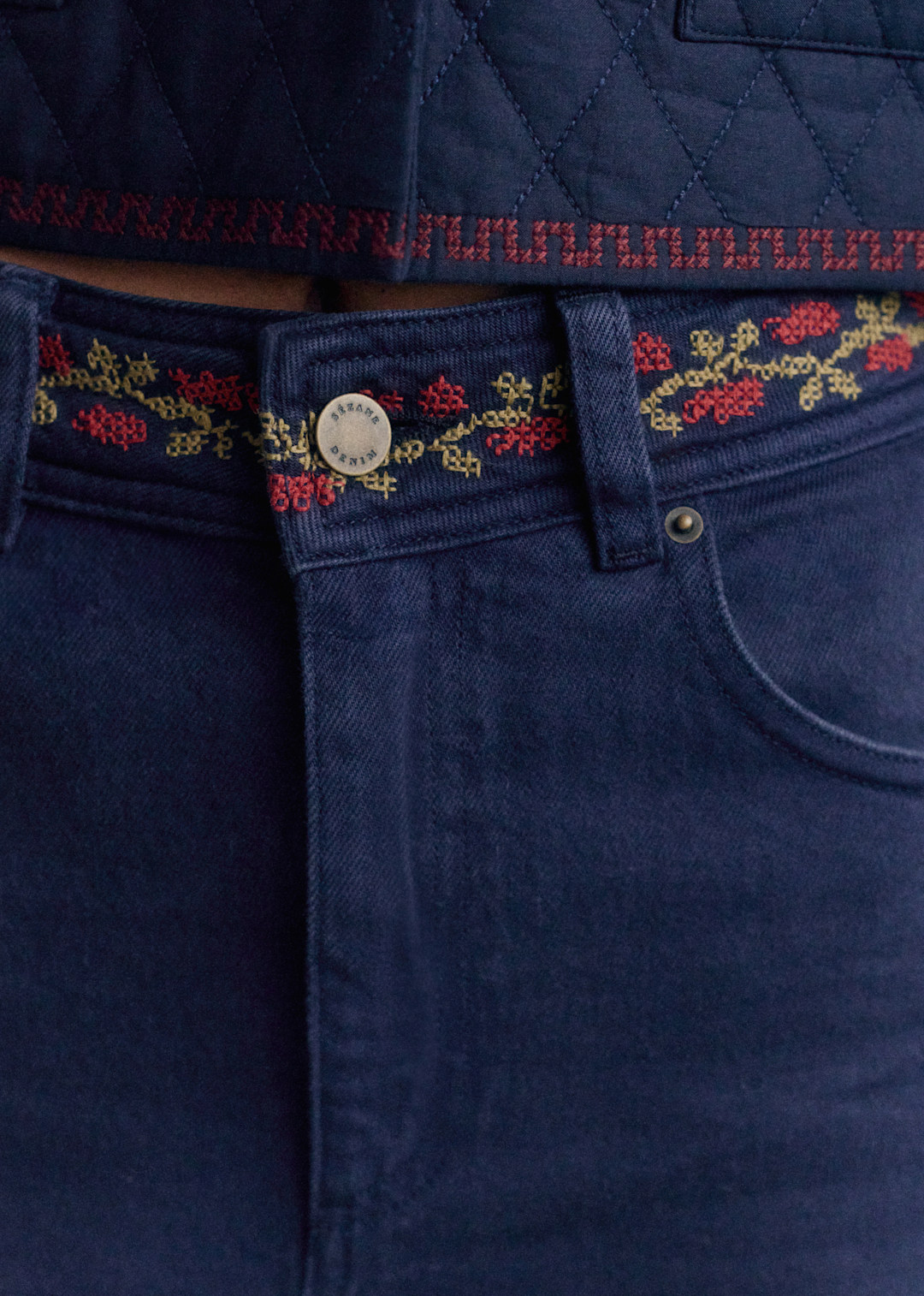 Embroidered Wide-Leg Flared High-Waist Trousers