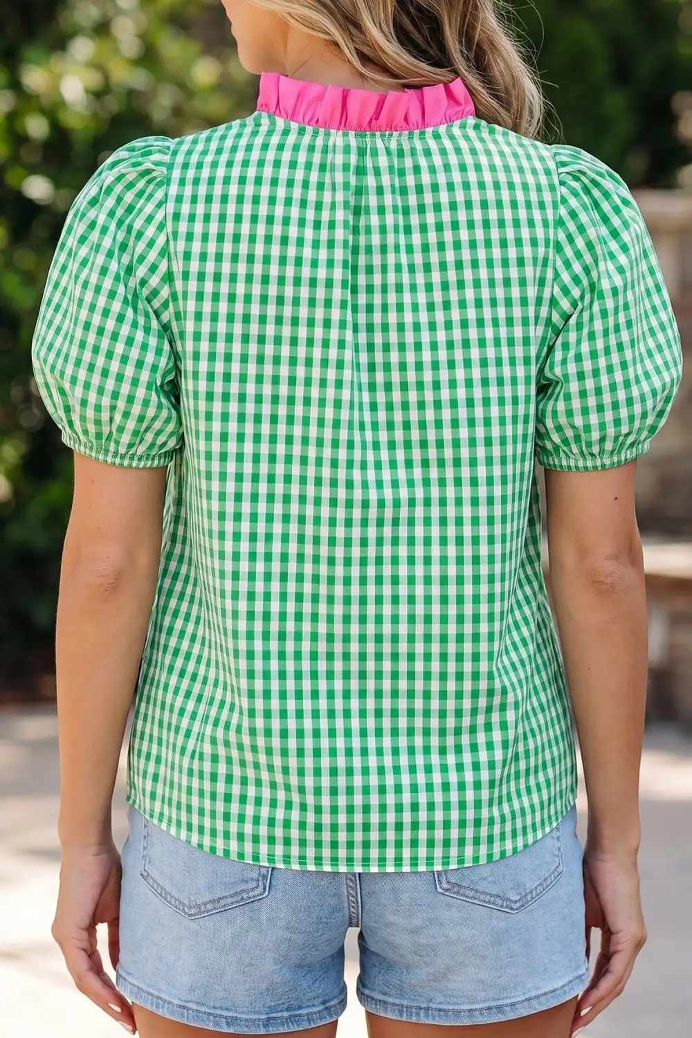 Women's Plaid Colorblock Puff Sleeve Top