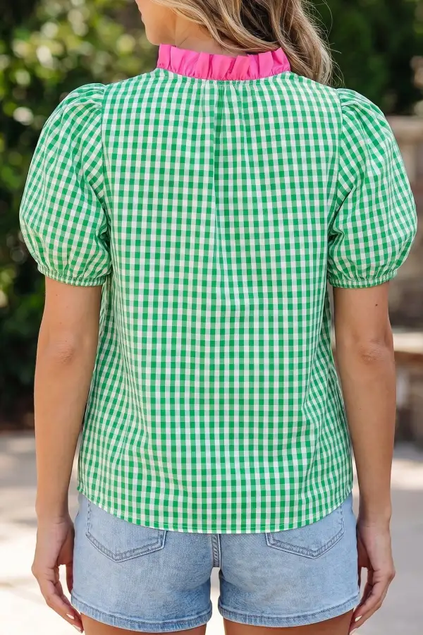 Women's Plaid Colorblock Puff Sleeve Top
