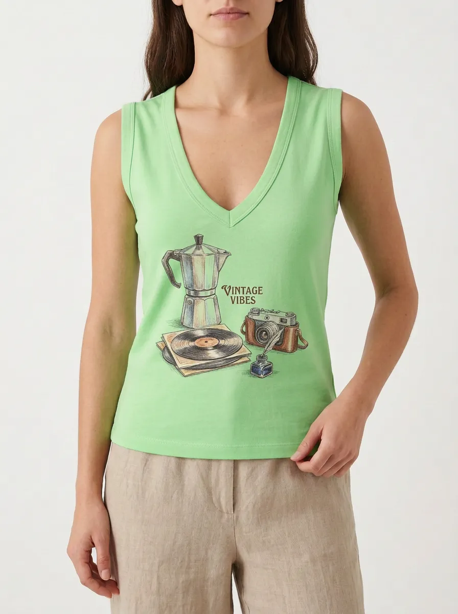 Women's Vintage Vibes Moka Pot Camera Vinyl Printed Tank Top