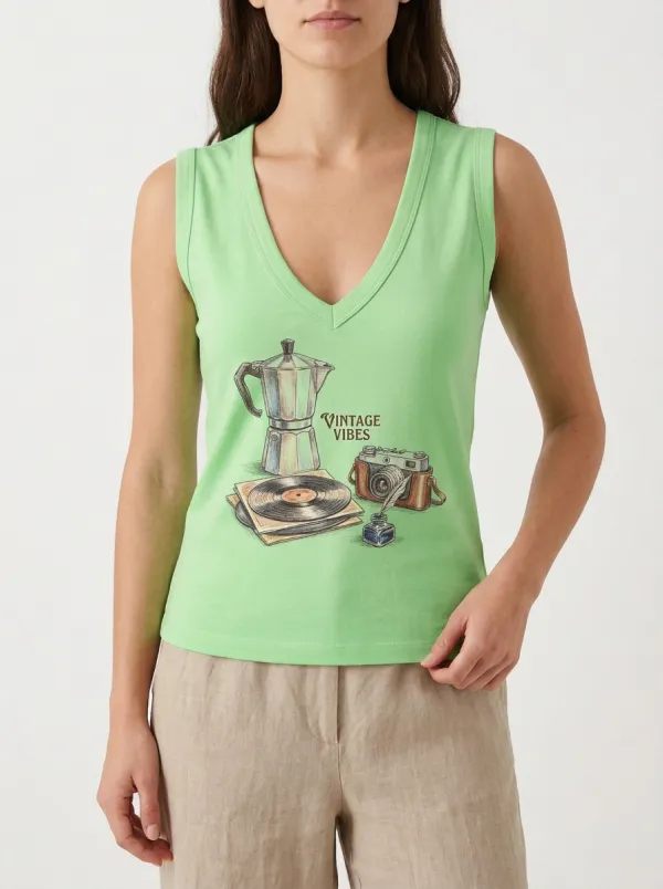 Women's Vintage Vibes Moka Pot Camera Vinyl Printed Tank Top