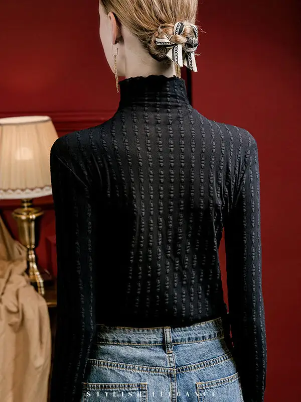 Long Sleeve Curve Fit Jacquard Sheer Panel Detail High Neck T-Shirt