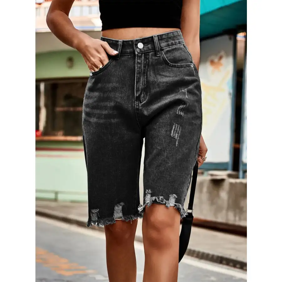 Textured Raw Hem Denim Shorts