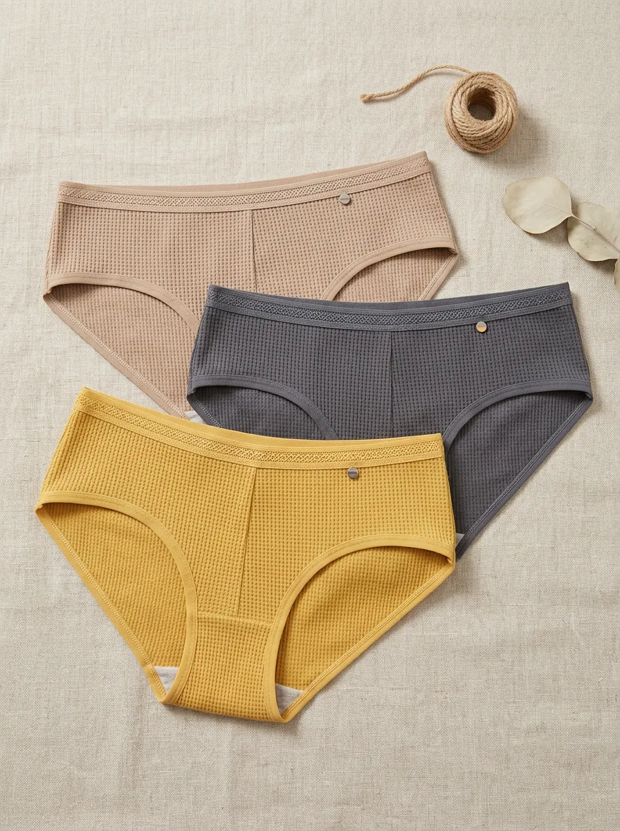 Women's Waffle Knit Textured Solid Color Cotton Panties Set