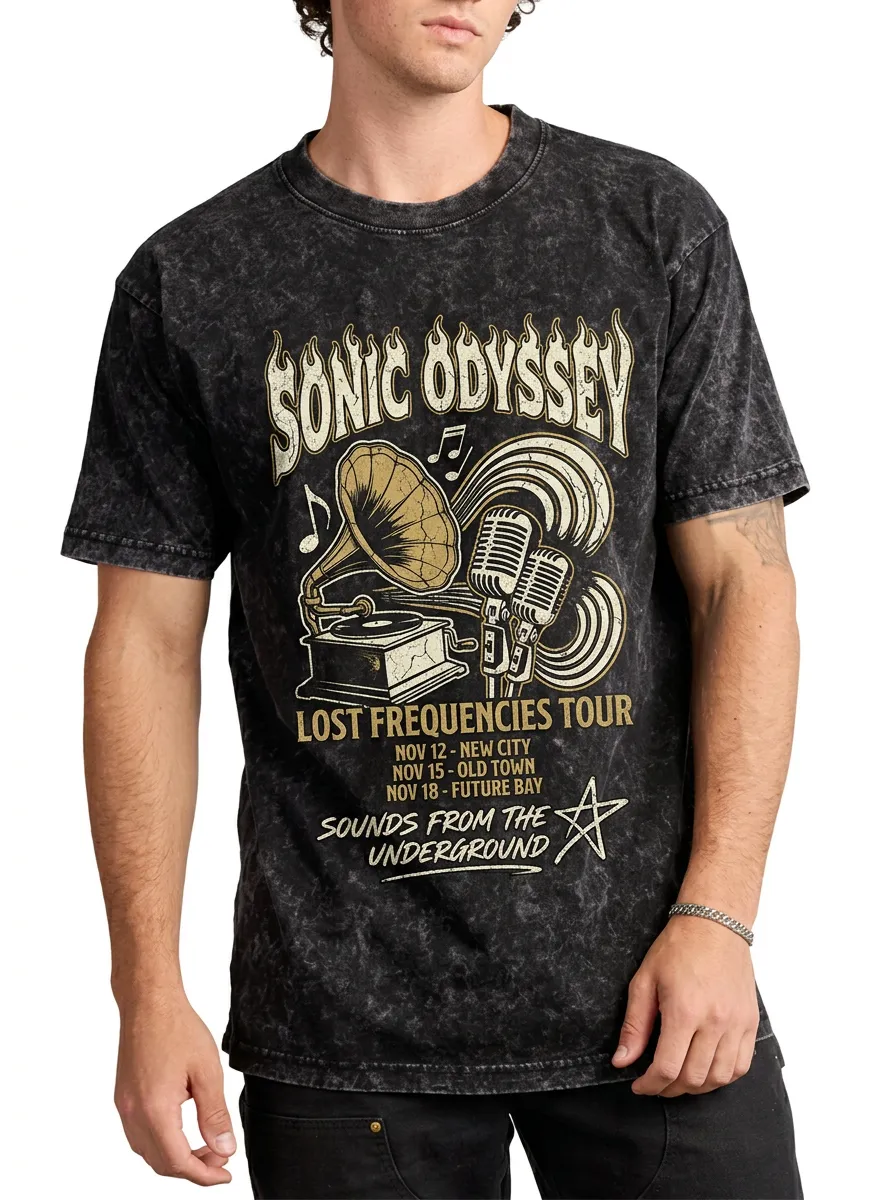 Men's Music Lover Sonic Odyssey Gramophone Microphone Printed T-shirt