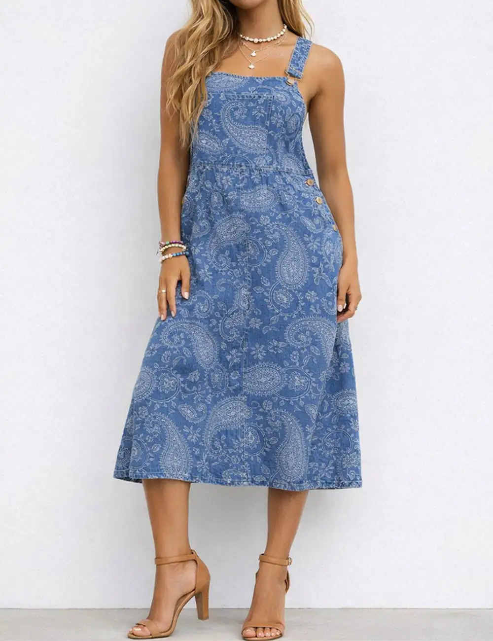 Boho Paisley Pattern Two Strap Shoulder Denim Midi Dress