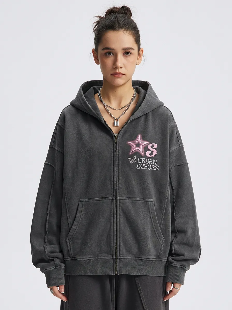 Unisex Streetwear Y2K Star Butterfly Printed Zip Up Hoodie
