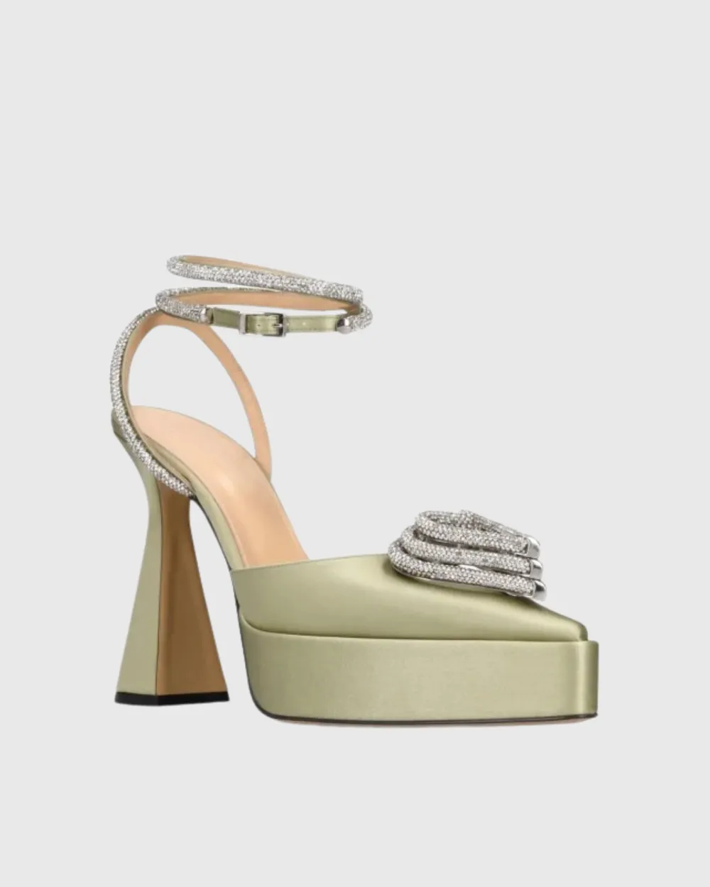 Crystal Heart Strap Platform Flared Heels in Green