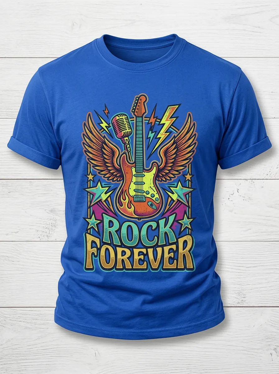 Unisex Rock Music Lover Winged Guitar Microphone Printed T-shirt
