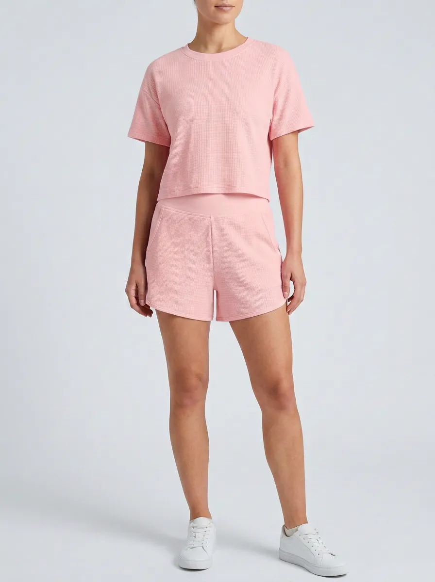 Women's Waffle Textured Minimal T-Shirt and Shorts Active Set