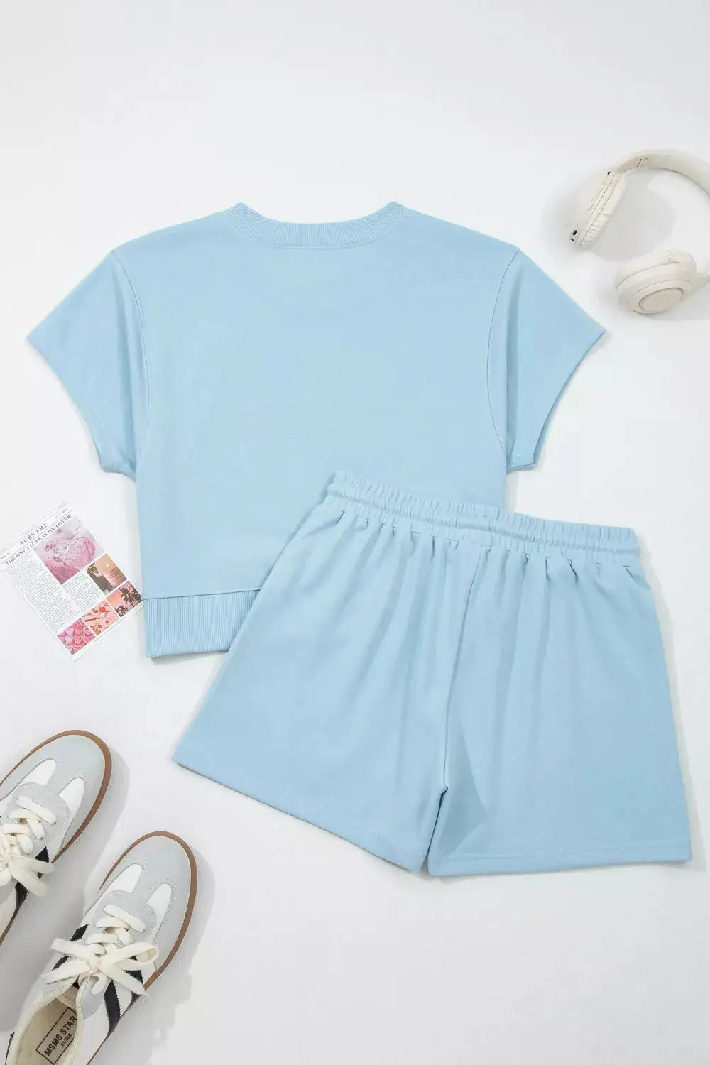 Solid Color Loose Tee Drawstring Shorts Outfit Set