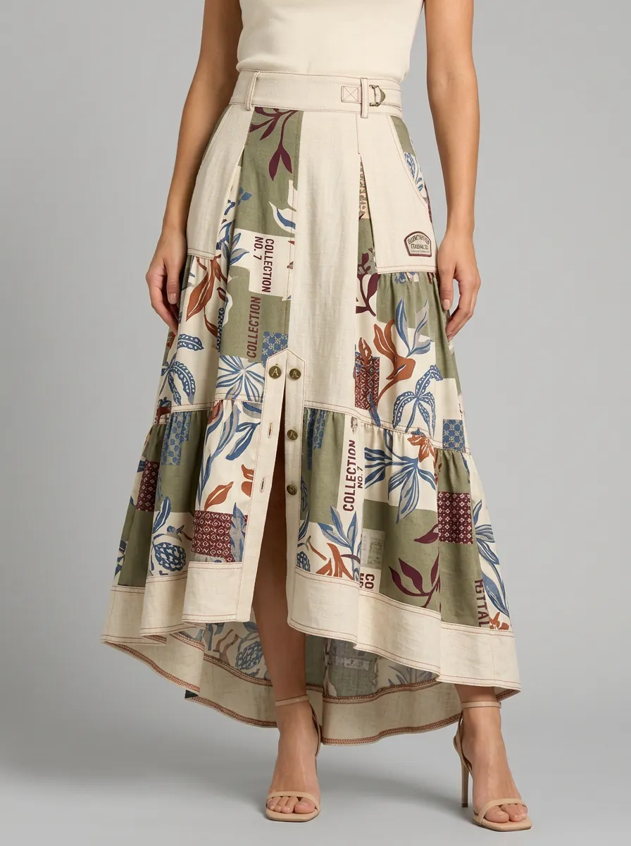 Women's Boho Floral Patchwork Printed High-Low Skirt