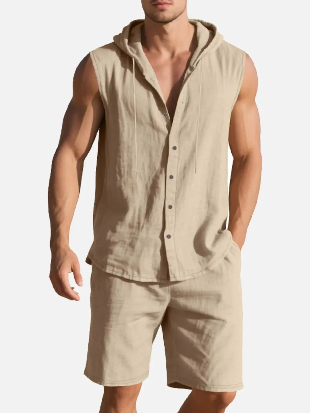 Linen Hooded Sleeveless Matching Set