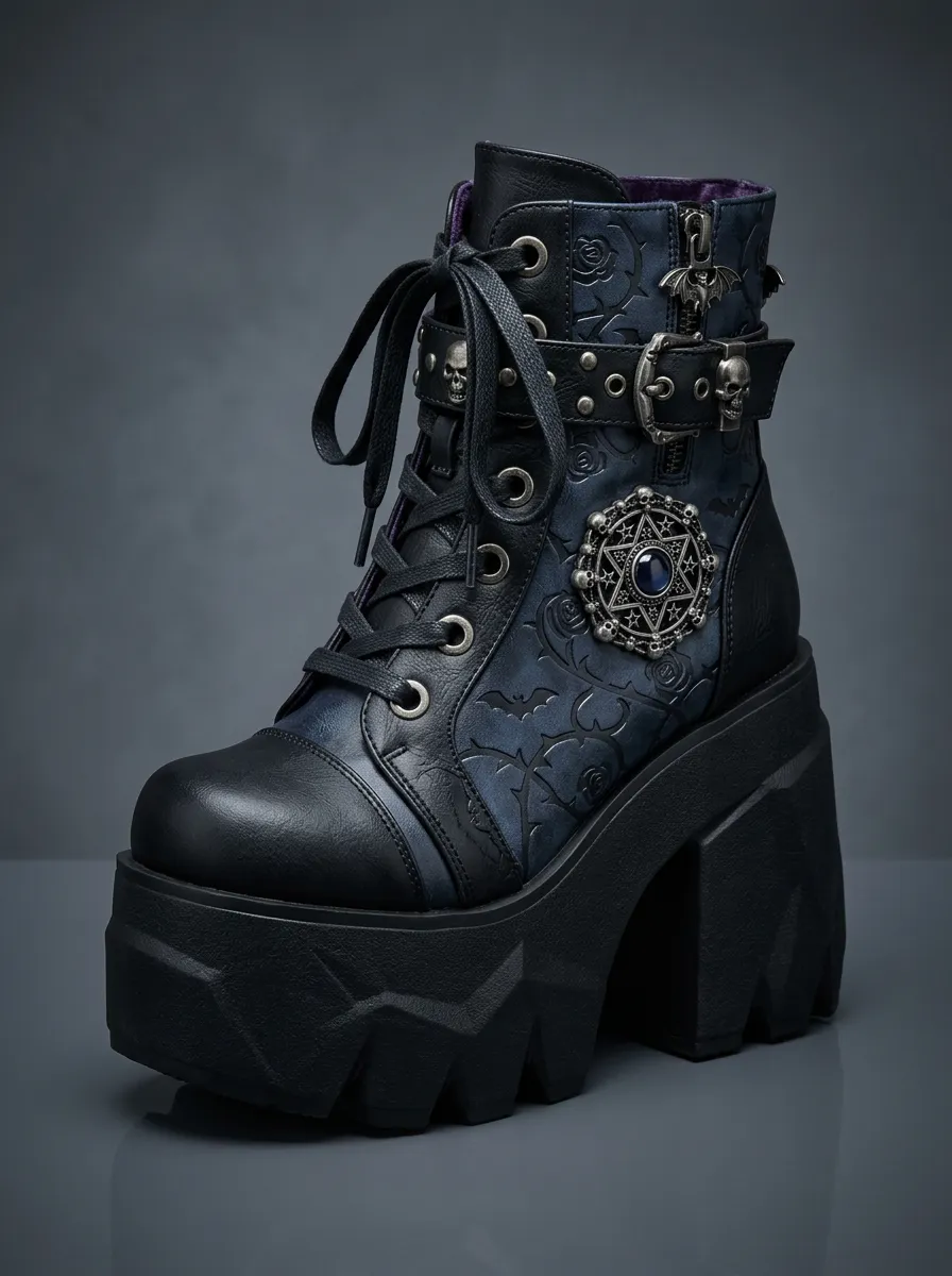 Dark Skull Bat Rose Finish Women's Gothic Platform Boots
