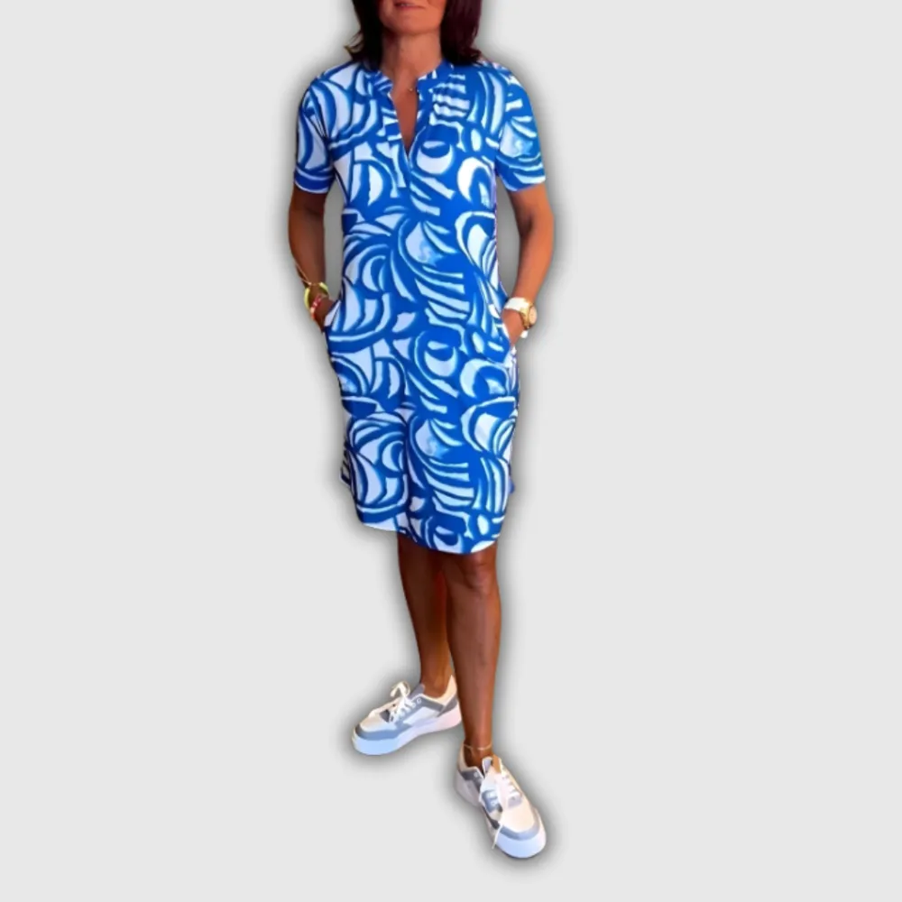 V-Neck Cotton Pocket Detail Casual Dress