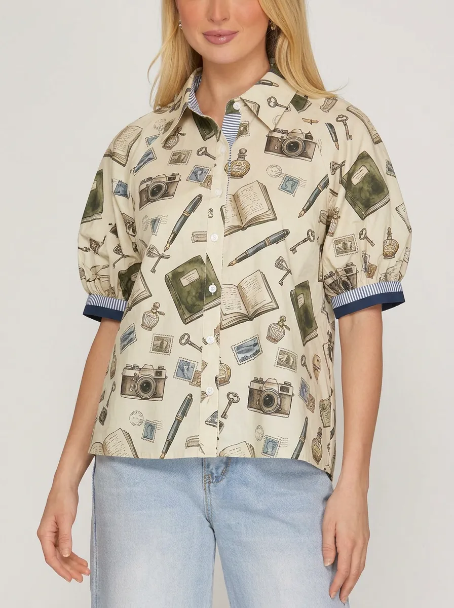 Women's Vintage Stationery Camera Book Graphic Button-Up Shirt