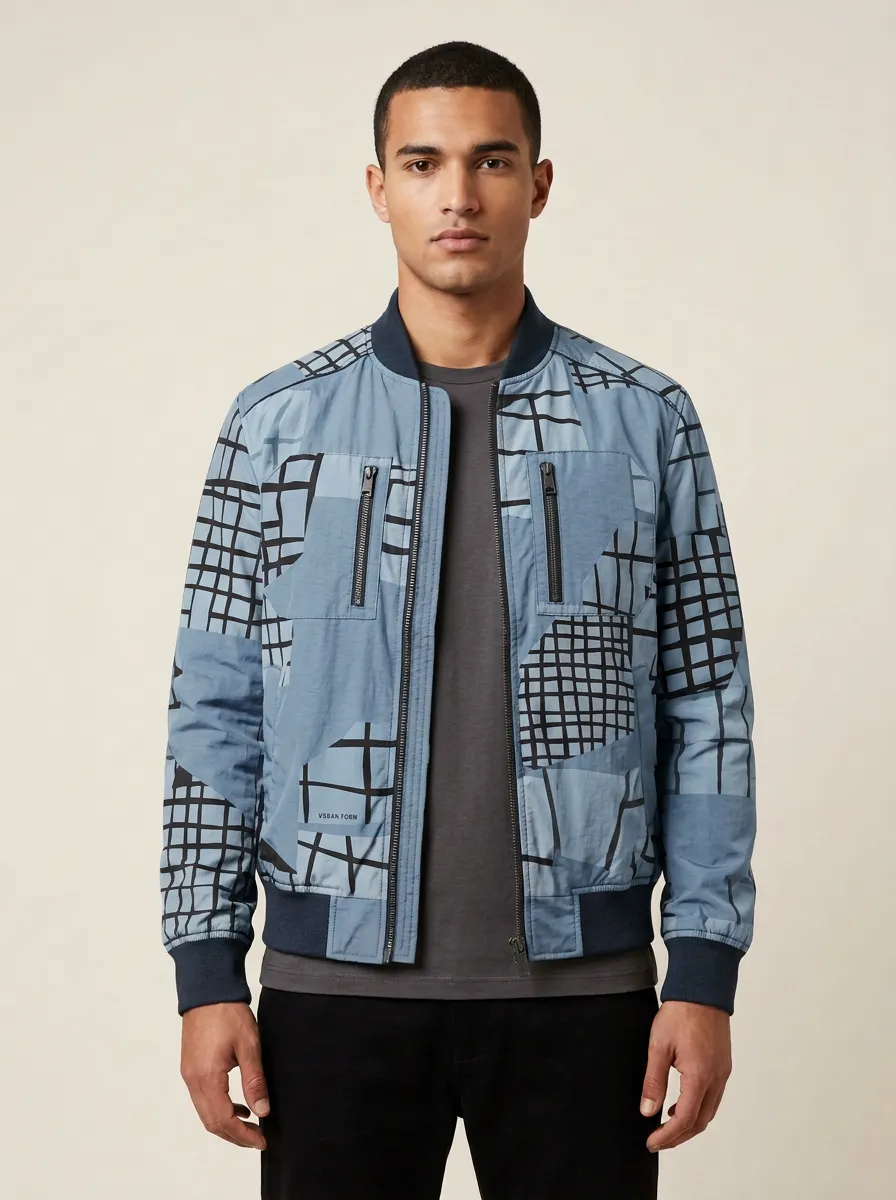 Patchwork Print Zippered Chest Pockets Bomber Jacket