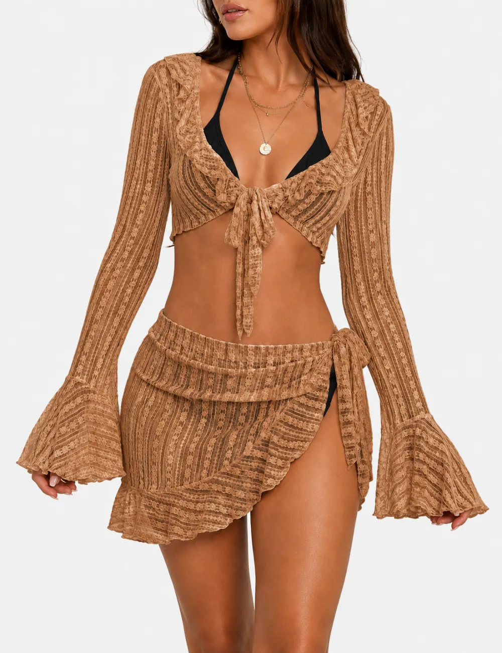Solid Color Triangle Bikini Four Piece Set with Cover Up and Mini Skirt