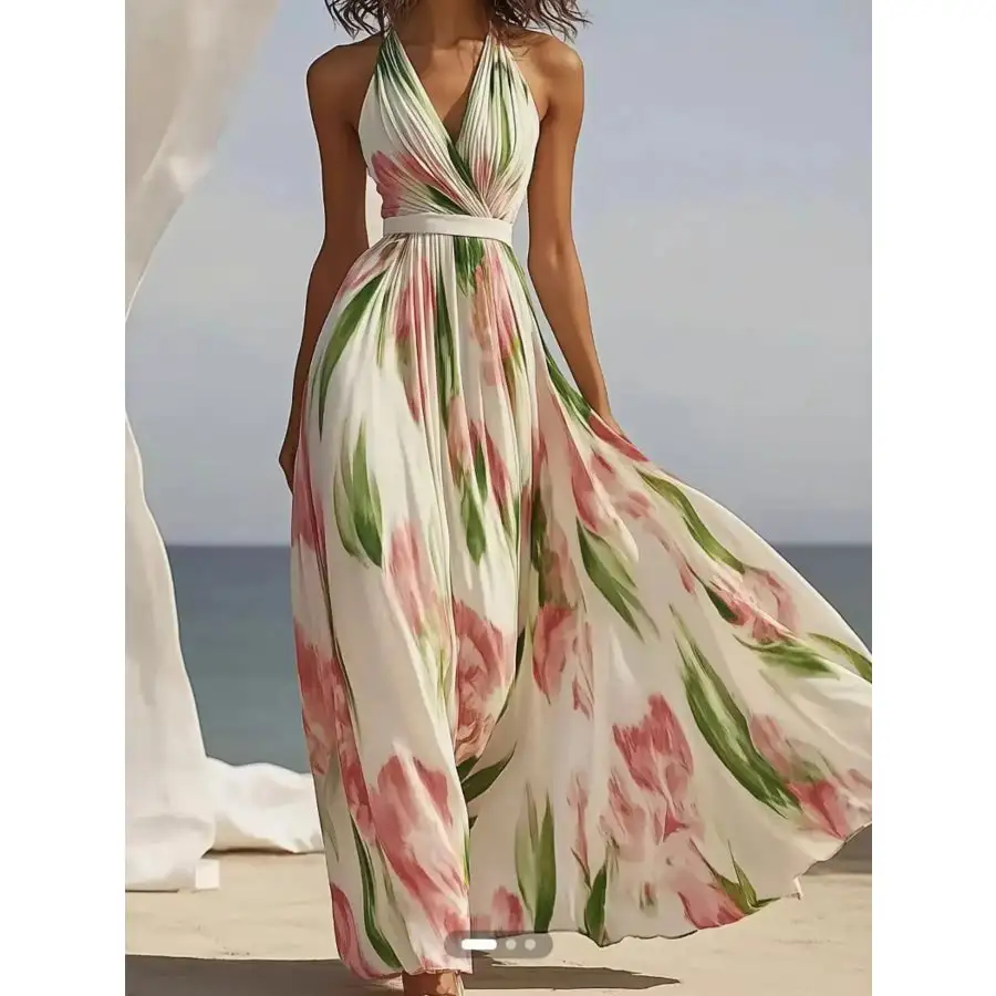 Easy Floral Print Halter Neck Maxi Dress