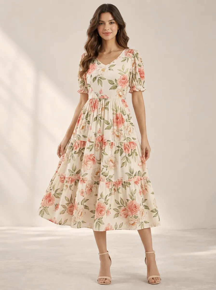 Women's Textile Inspired Floral Garden Floral Bloom Printed Midi Dress