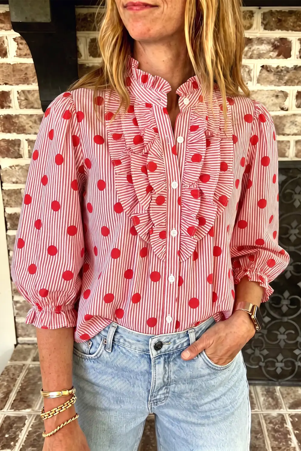 Women's Striped Polka Dot Stand Neck Blouse