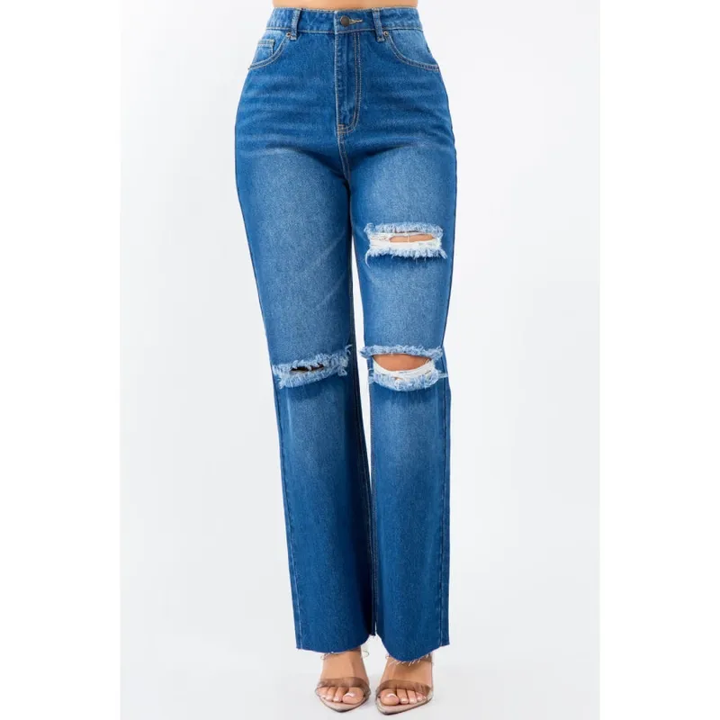 High-Waist Distressed Wide Leg Jeans