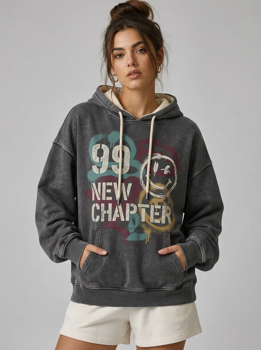 Women's 99 New Chapter Smiley Face Graffiti Printed Hoodie