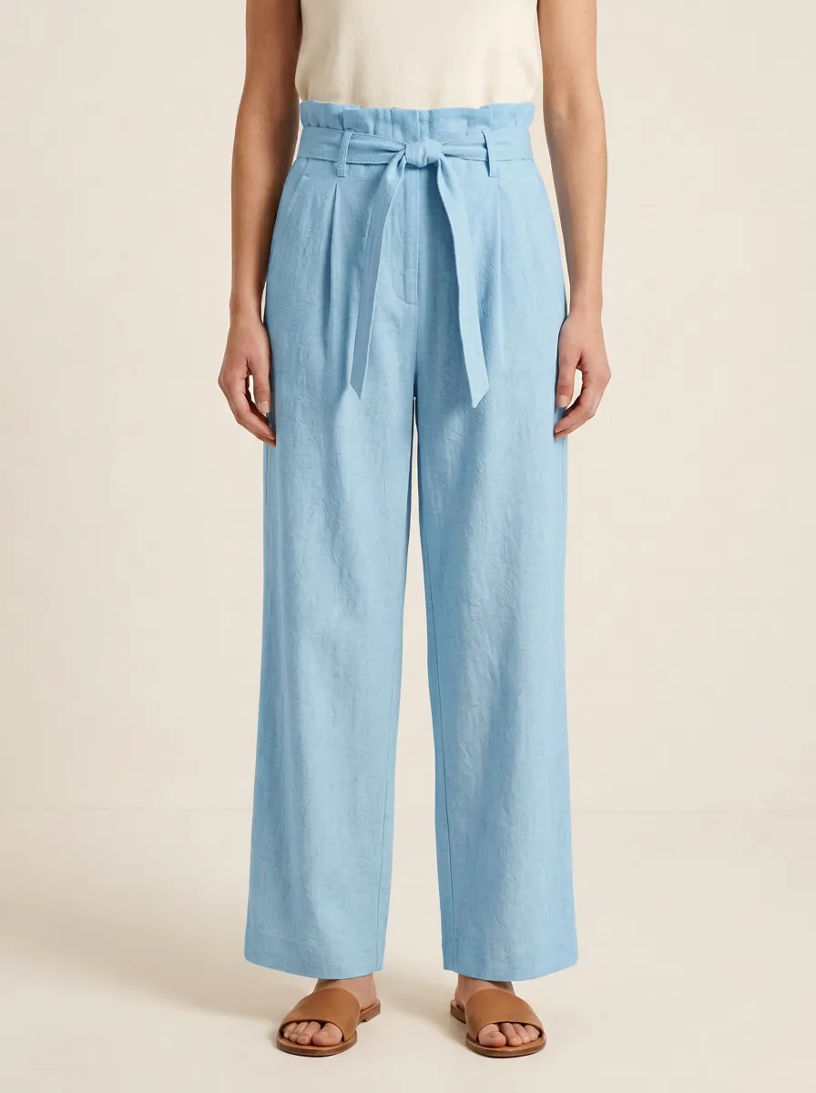 Belted Linen Blend Wide Leg Pants