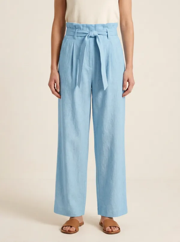 Belted Linen Blend Wide Leg Pants