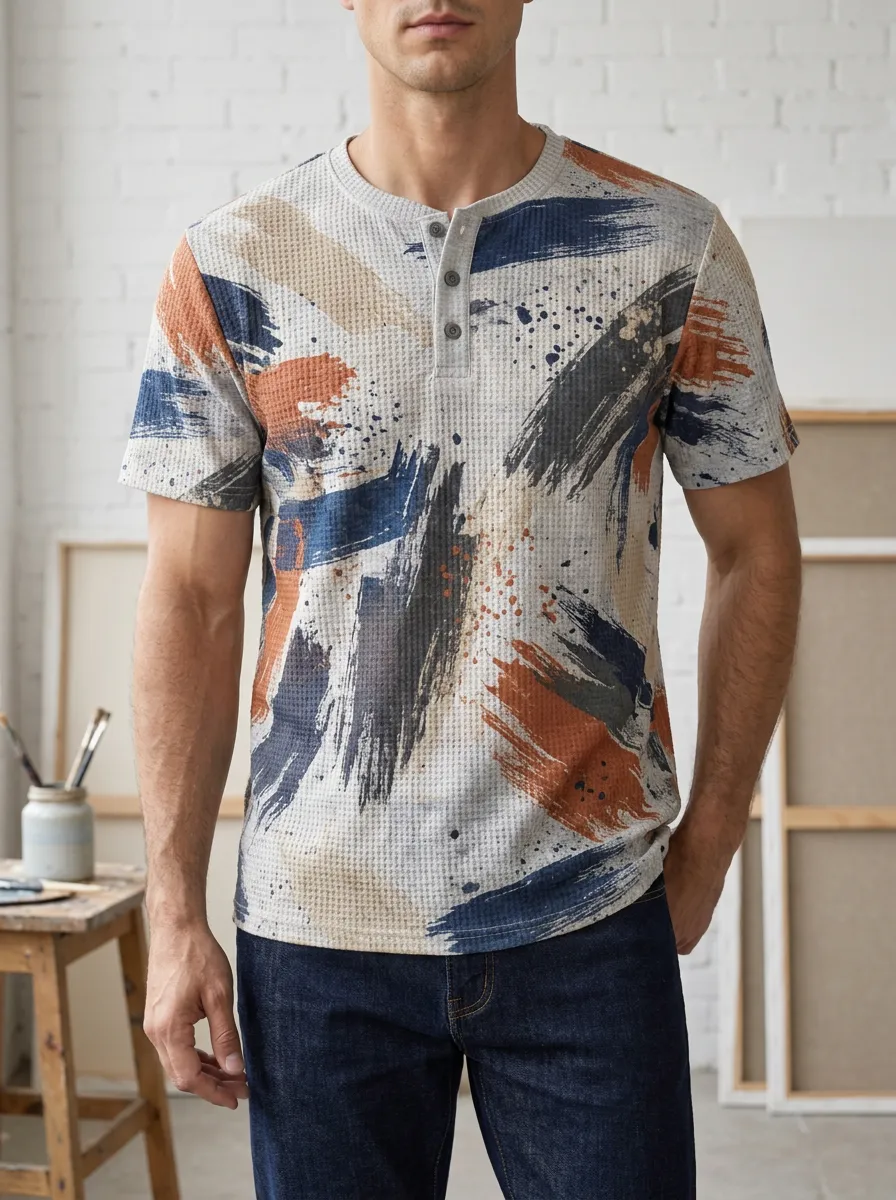 Men's Artful Abstract Brushstroke Waffle Knit Henley T-Shirt