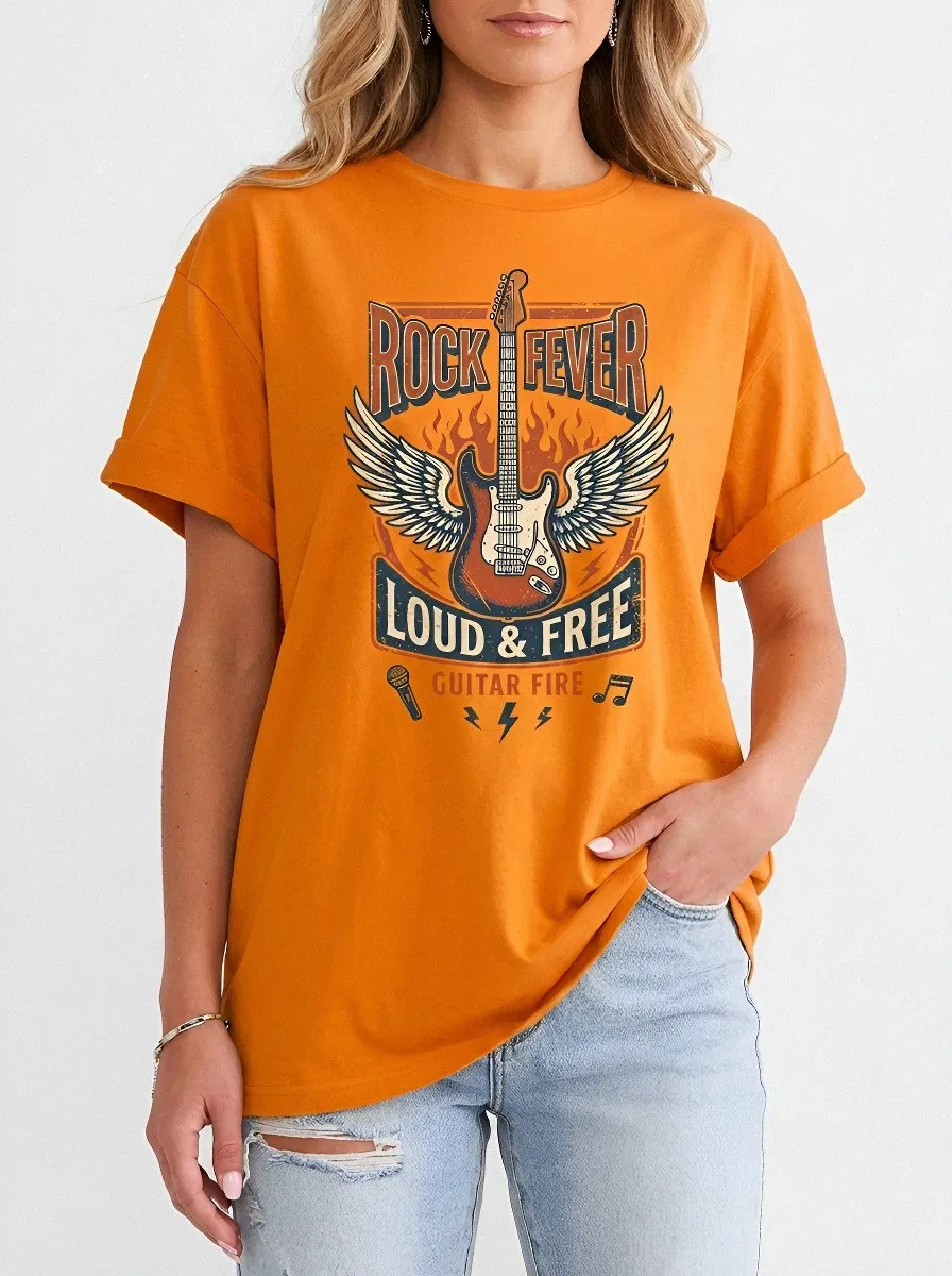 Unisex Rock Music Lover Winged Guitar Fire Printed T-shirt