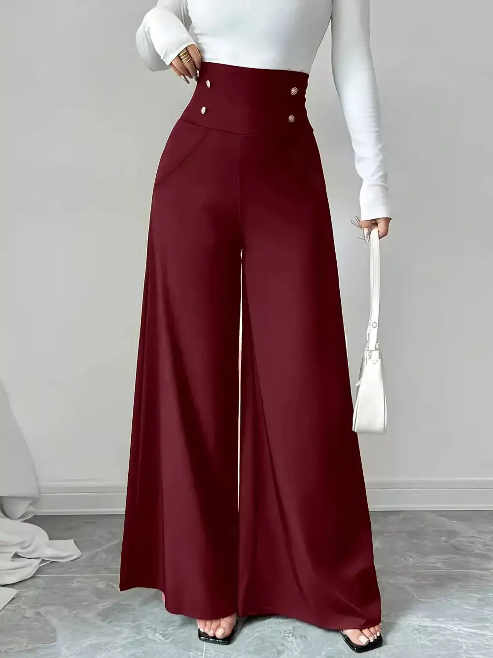 Wide Leg High Waist Button Detail Casual Pants