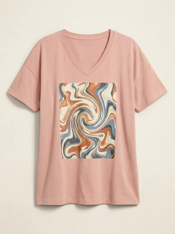 Women's Retro Aesthetic Abstract Swirl Printed V-Neck T-Shirt Everyday Design