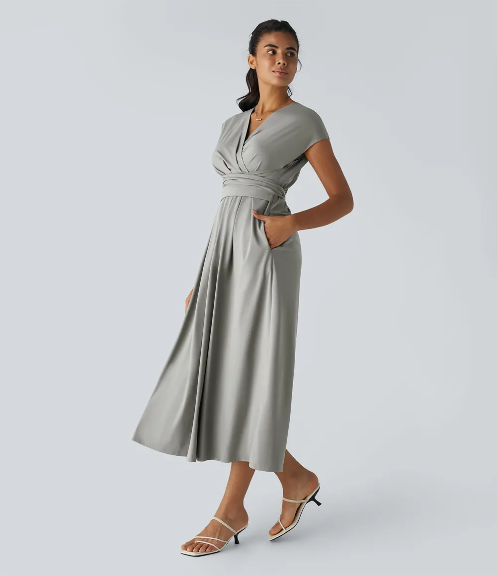 Breezeful V Neck Short Sleeve Side Pocket Tie Back Quick Dry Midi Casual Dress