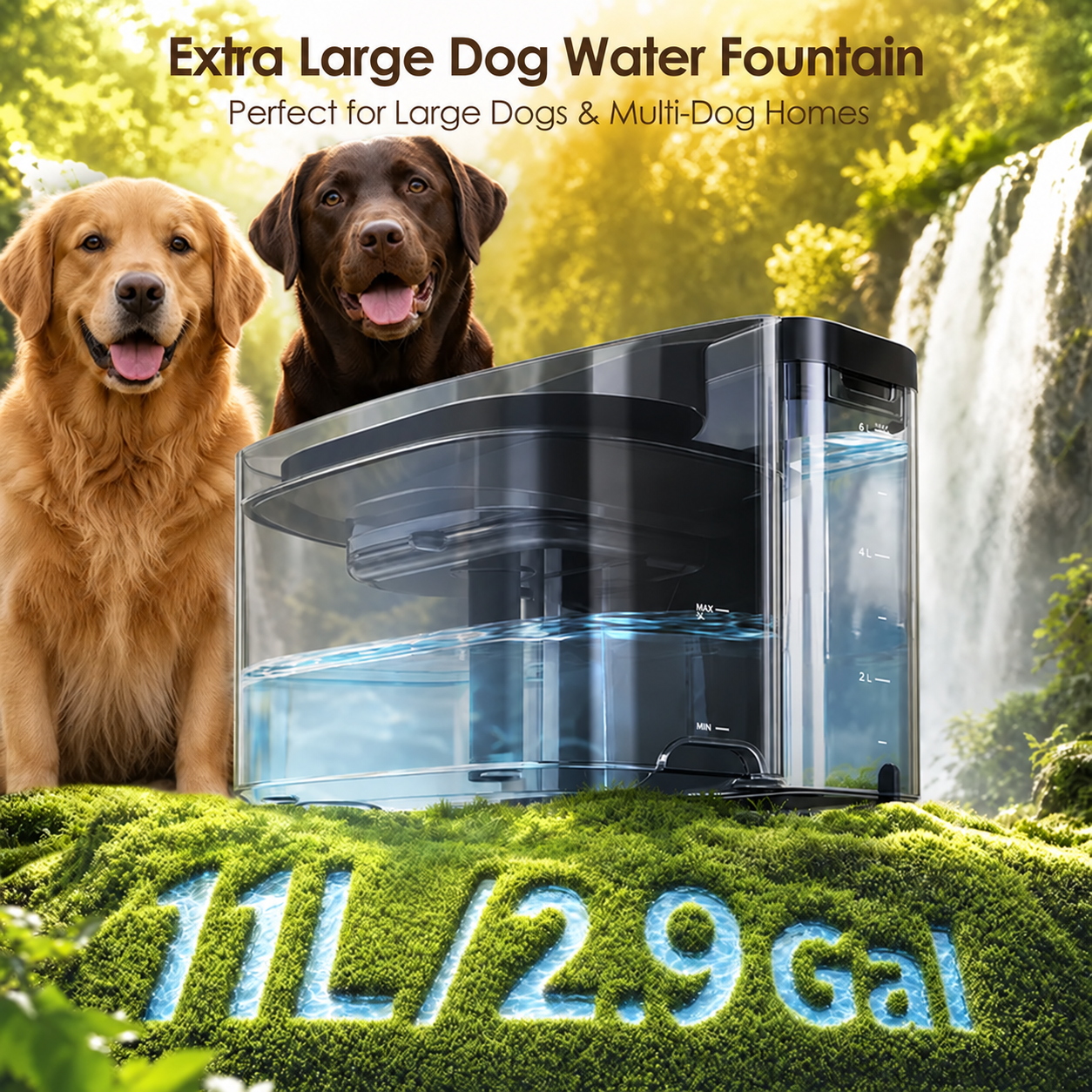 Large dogs beside the 11-liter water fountain