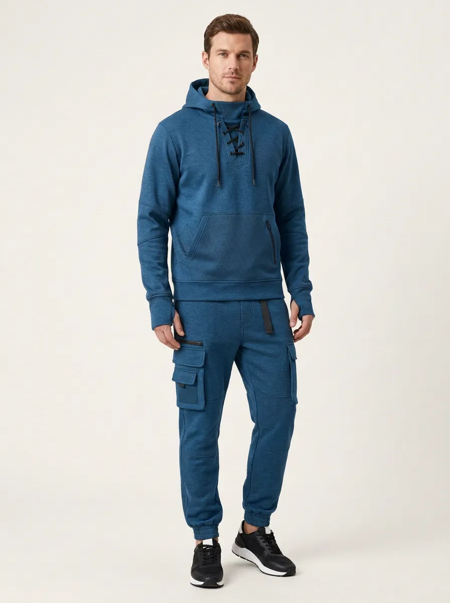 Resort-Inspired Lace-Up Multi Pocket Look Men's Lace Up Hoodie And Cargo Jogger Set