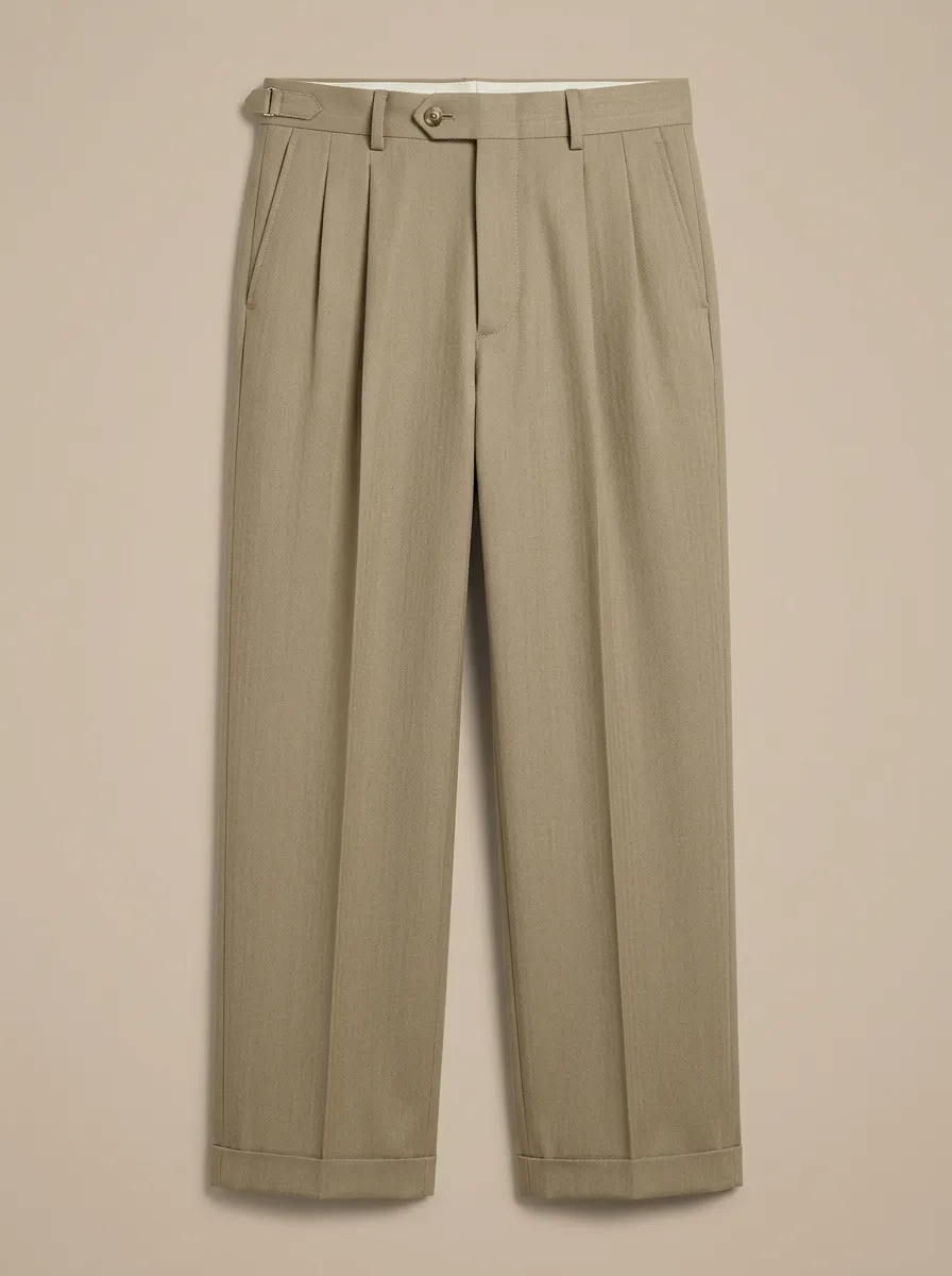 Men's Classic Khaki Pleated Side-Adjuster Dress Trousers