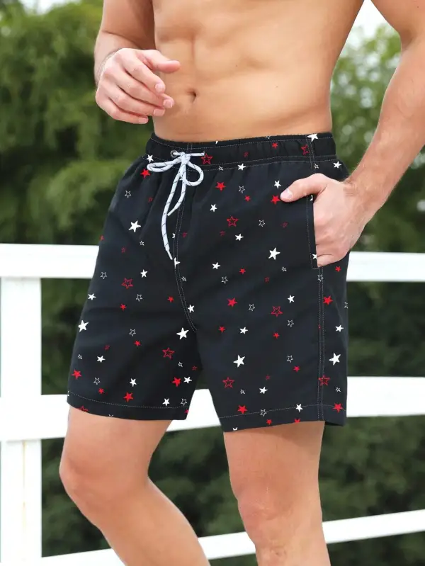 Men's Allover Star Print Drawstring Swim Trunks