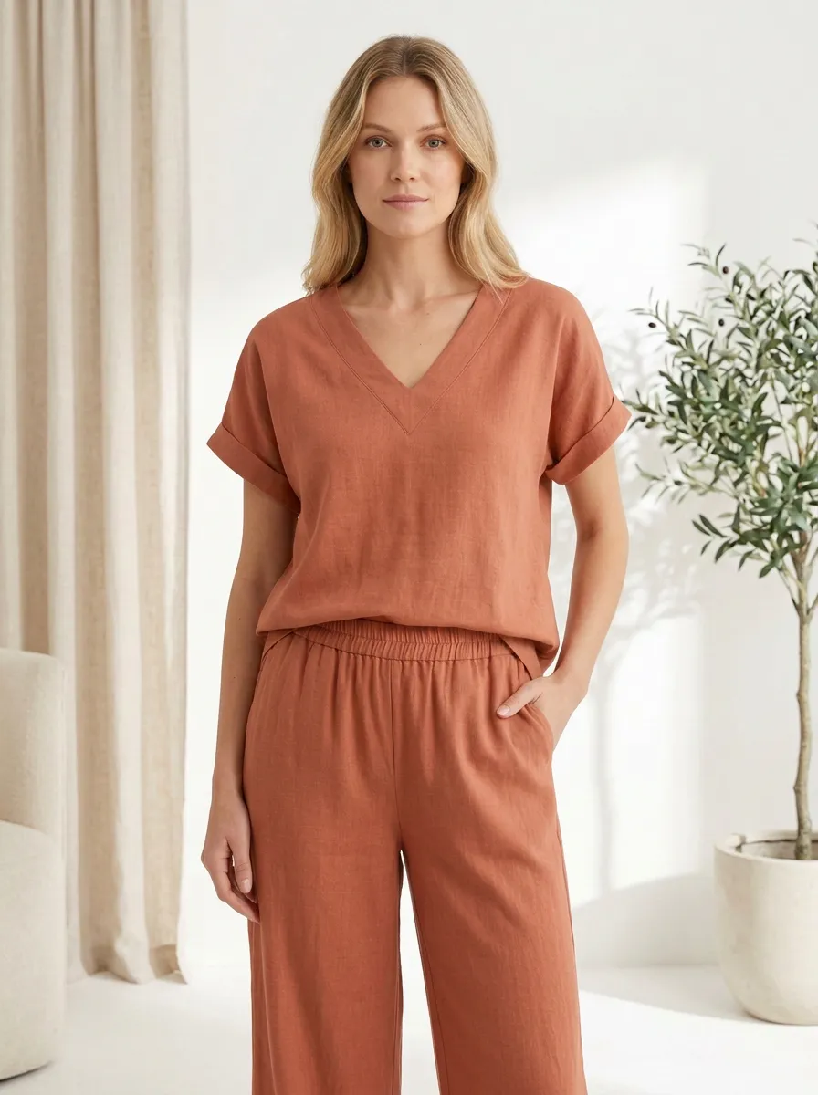 Pocket Minimalist Women's V-Neck Casual Lounge Set