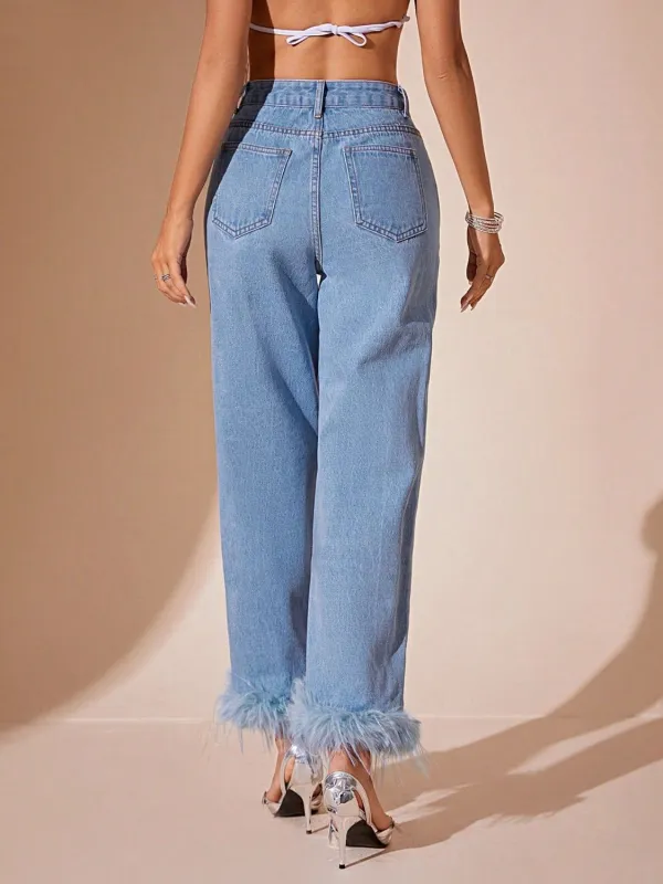 Relaxed High-Rise Washed Pocketed Stretch Straight Leg Jeans