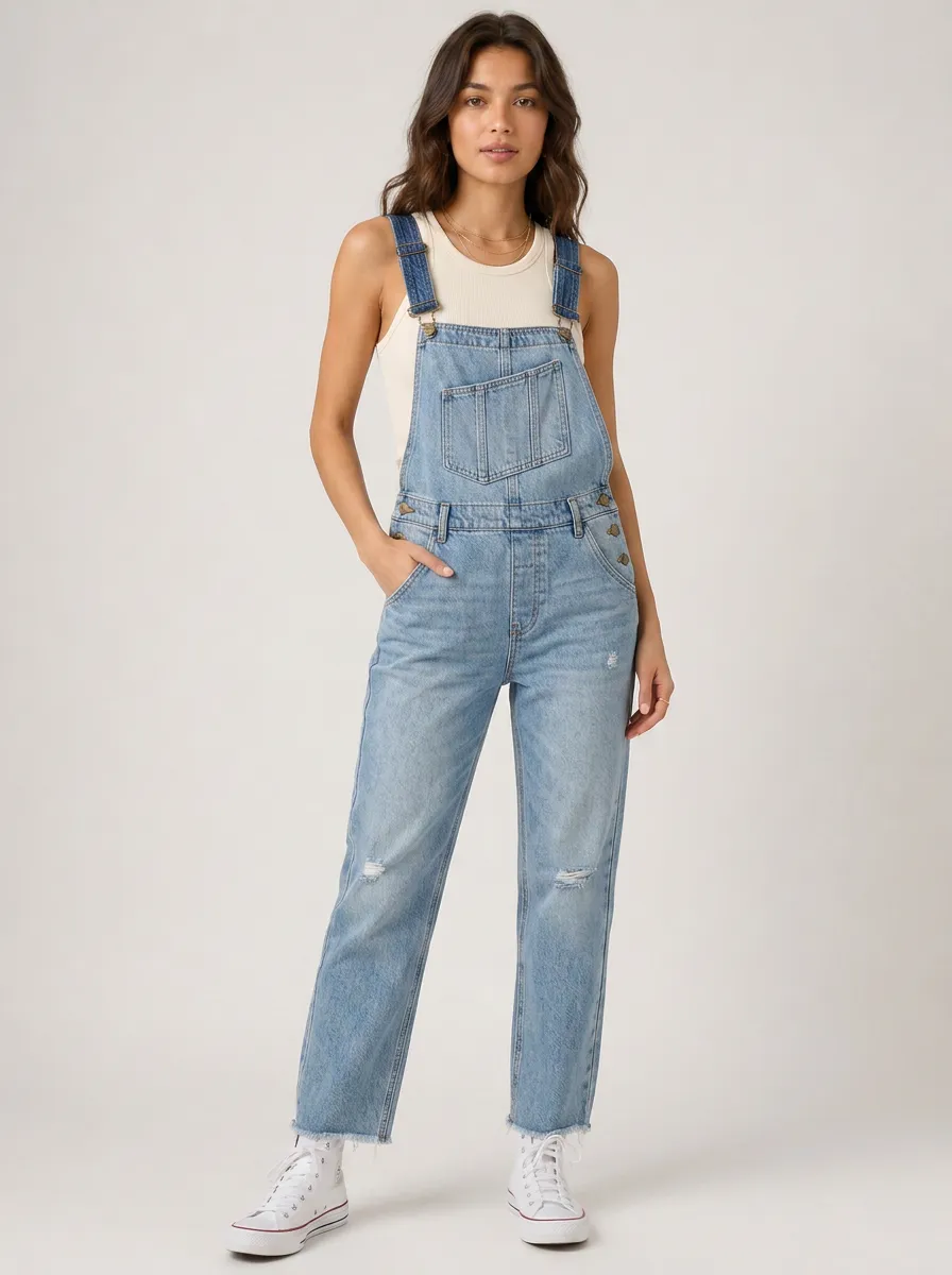 Women's Distressed Light-Wash Denim Overalls