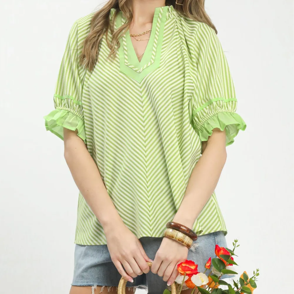 Stripe Ruffle Sleeve Split-Neck Blouse