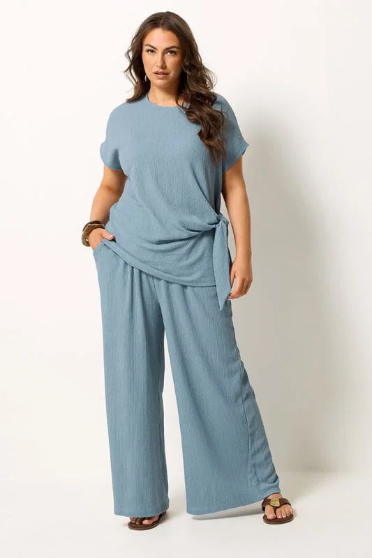 Blue Wide Leg Textured Trousers detail 1