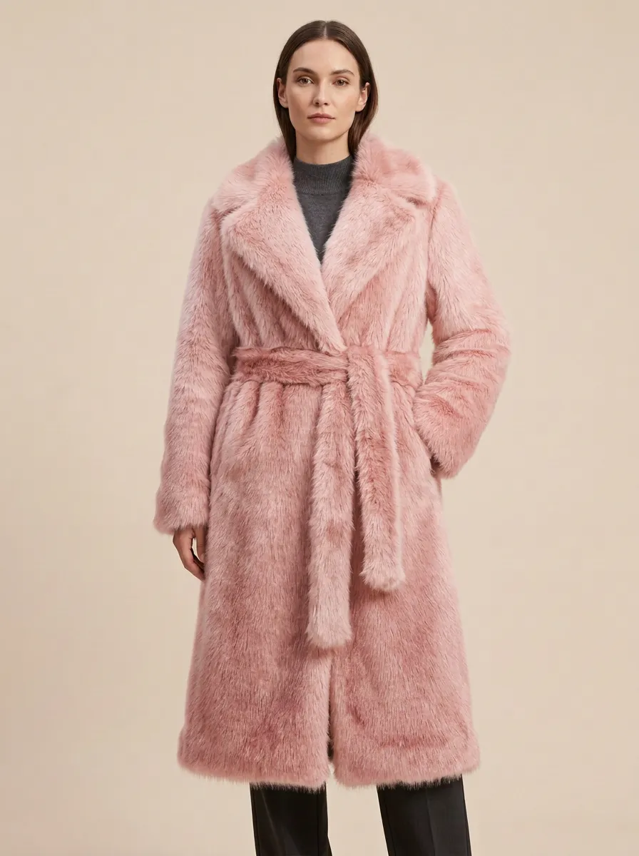 Charcoal Faux Fur Belted Coat