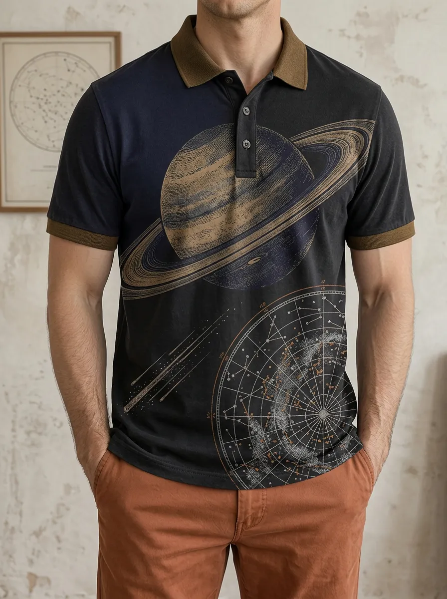 Men's Astronomy Lover Saturn Celestial Map Printed Polo Shirt