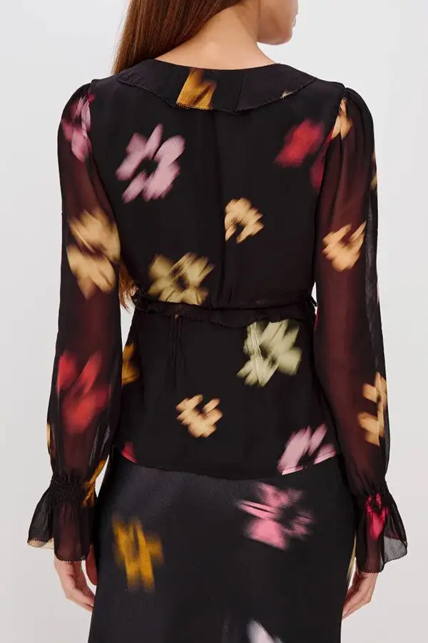 Women's Black Blurred Floral Ruffle Blouse