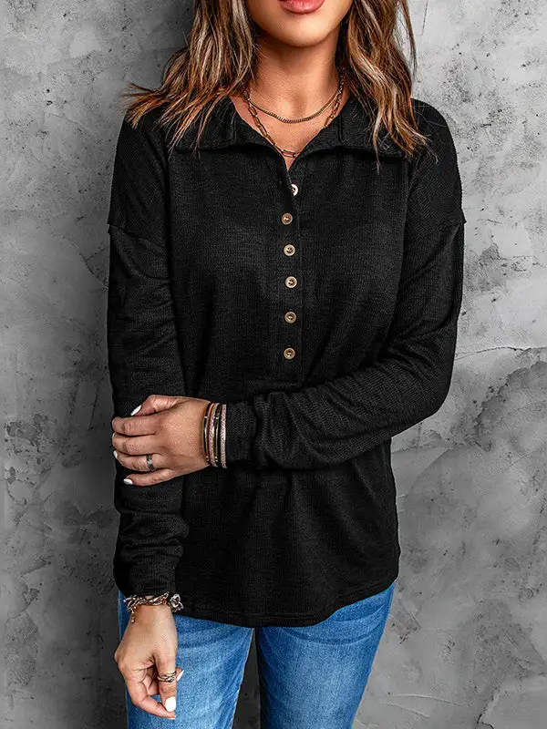 Long Sleeve Relaxed Button Detail Panel Detail Lapel T-Shirt