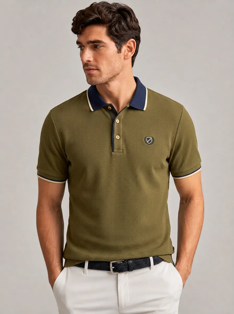 Men's Equestrian Lover Shield Logo Embroidered Waffle-Knit Contrast Collar Polo Shirt