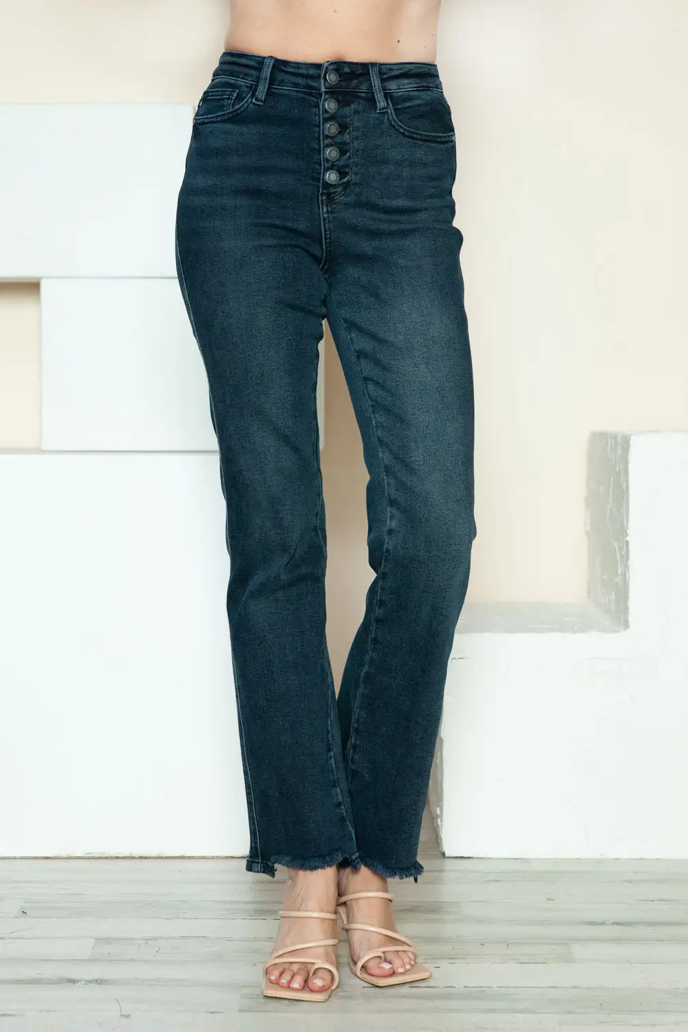 Button Fly Hem Destroy Straight Denim Jeans